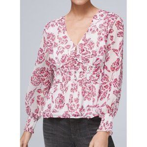 White House Black Market Floral-Print Fitted-Waist Blouse Pink White - Size M